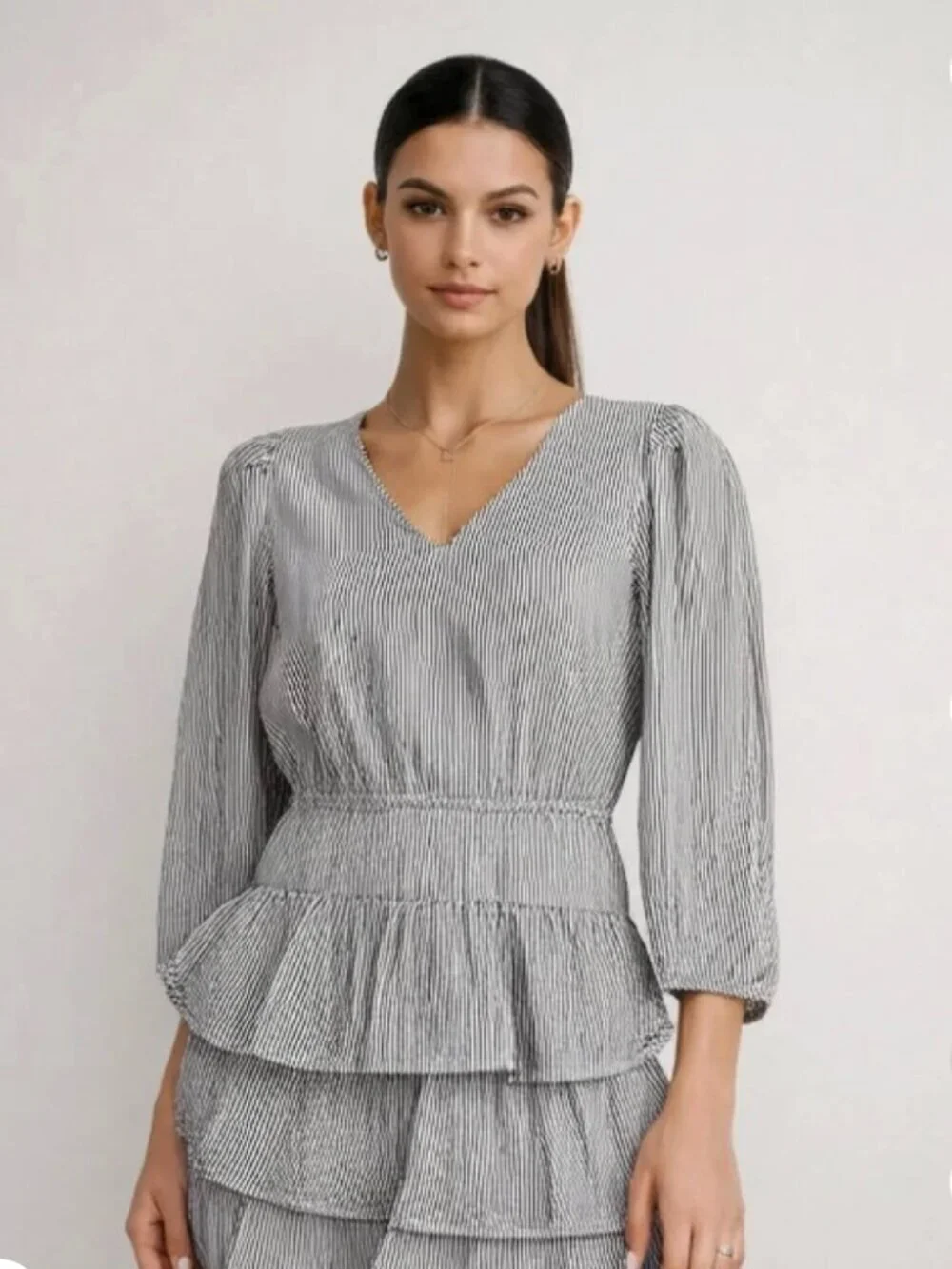 J.Crew Navy White Stripe Long Sleeve Tiered Midi Dress Size 12 Wedding Guest